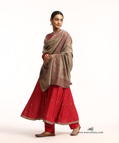 Grey Handwoven Pure Pashmina Shawl With Hand Embroidered Dana Work