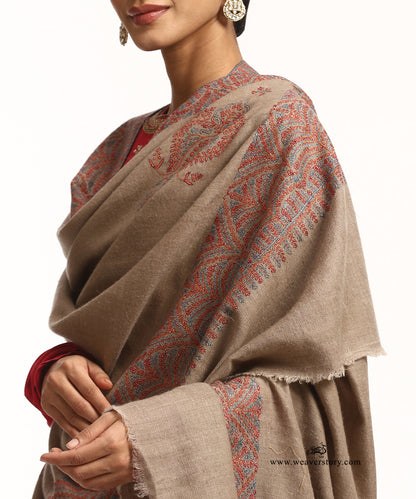 Grey Handwoven Pure Pashmina Shawl With Hand Embroidered Dana Work