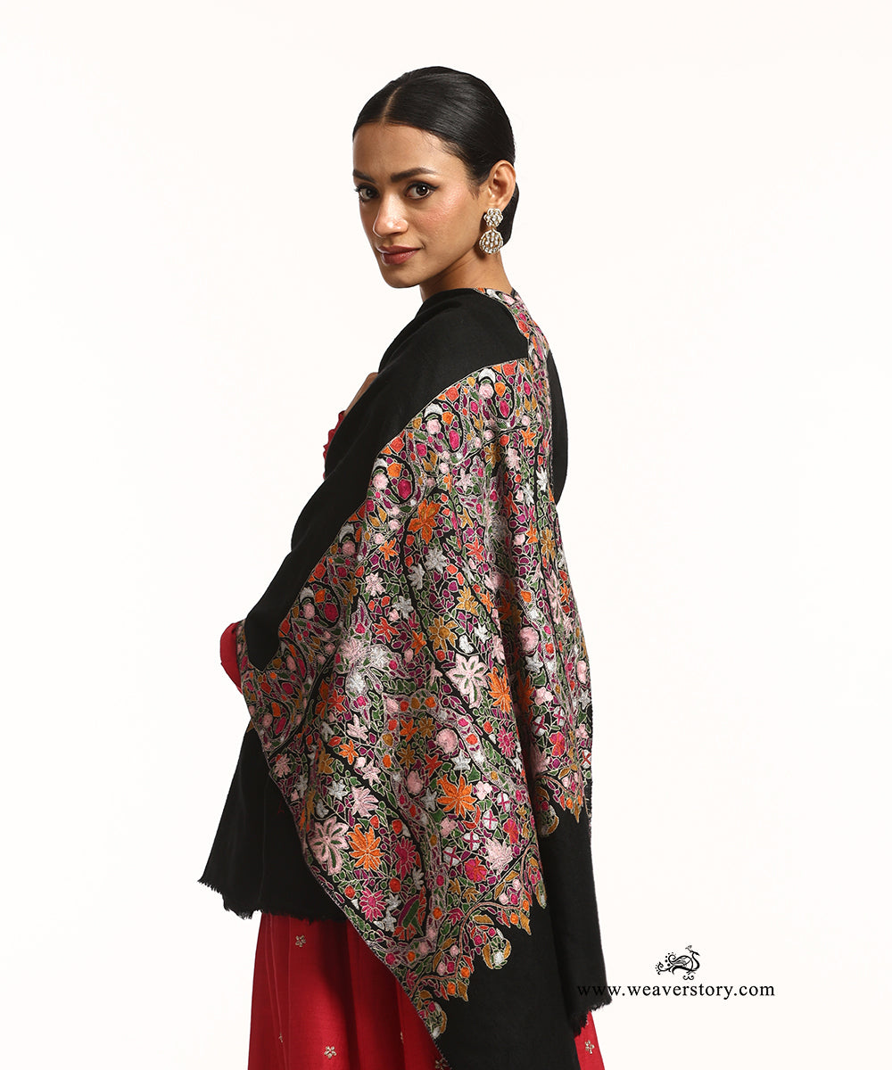 Black Pure Pashmina Shawl With Paper Mache Jamawar Palla