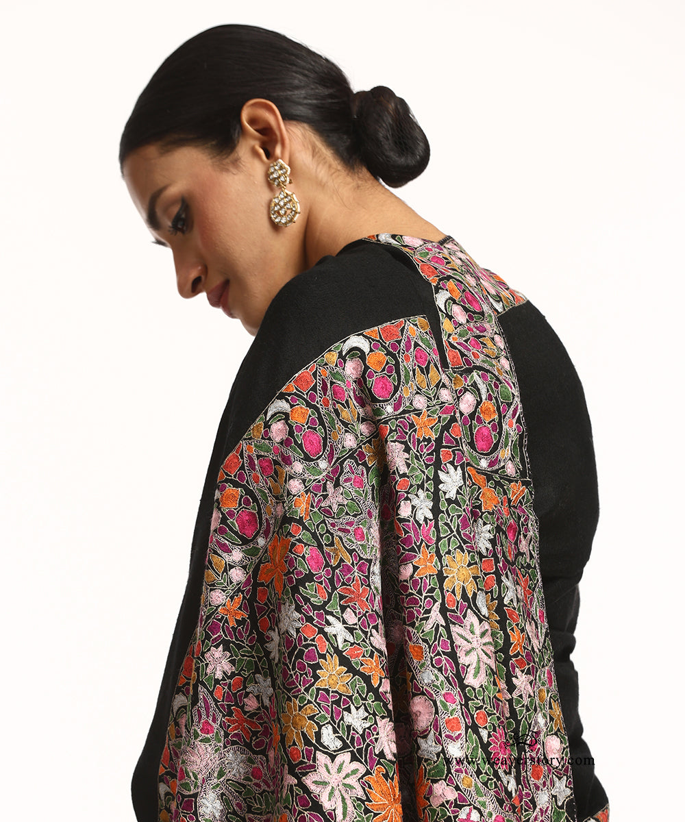 Black Pure Pashmina Shawl With Paper Mache Jamawar Palla