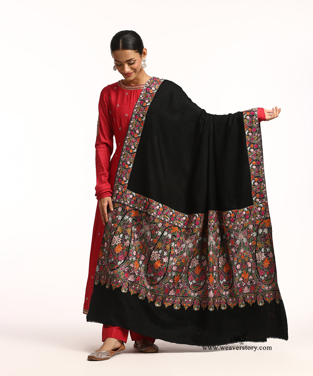 Black Pure Pashmina Shawl With Paper Mache Jamawar Palla