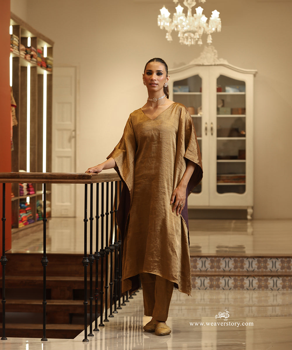 Handloom Gold Tissue Collared V-Neck Princess Line Kurta with Pants