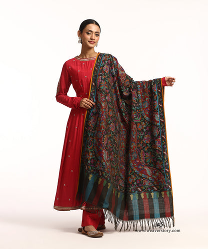 Black Handwoven Pure Pashmina Shawl With Kani Weave