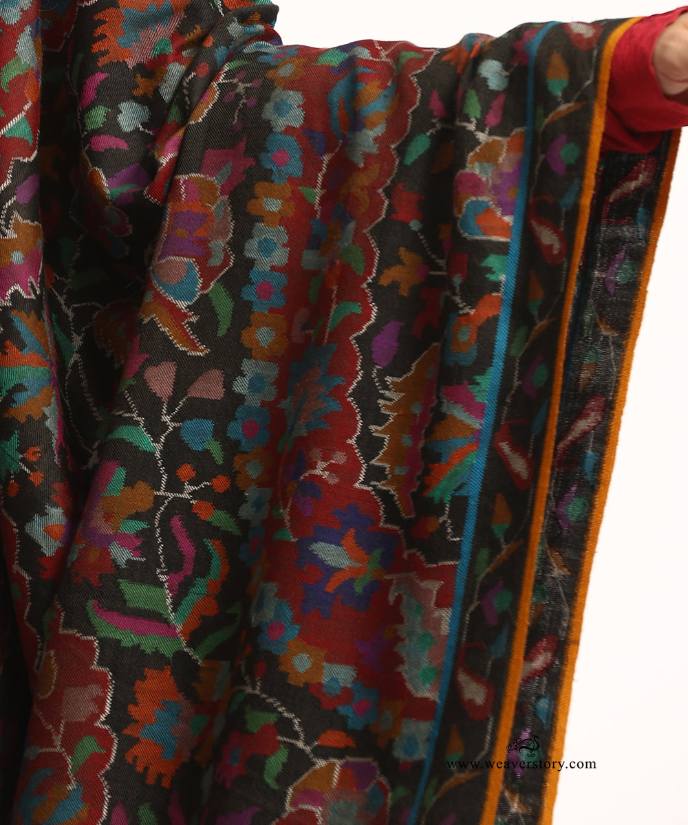 Black Handwoven Pure Pashmina Shawl With Kani Weave