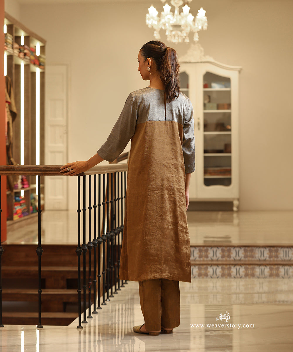 Handloom Gold and Silver Tissue Yoke Kurta with Pants