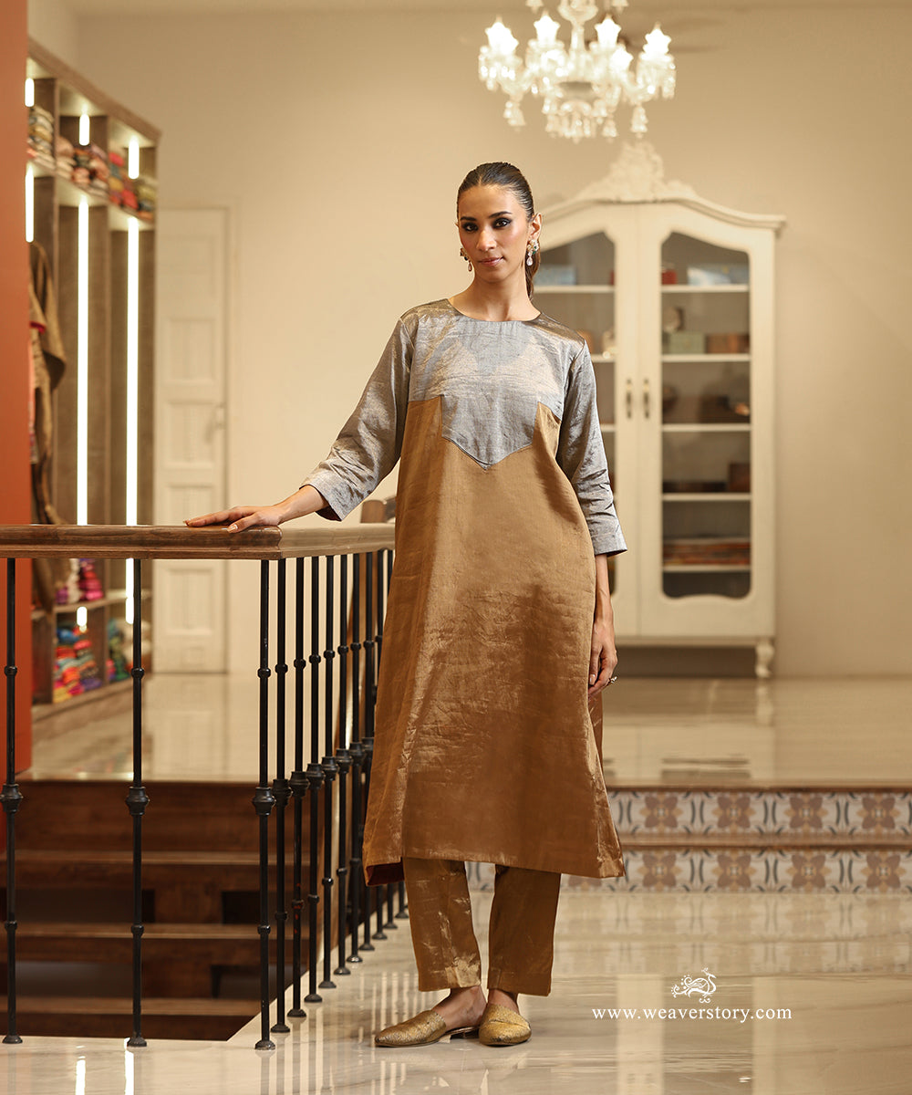 Handloom Gold and Silver Tissue Yoke Kurta with Pants