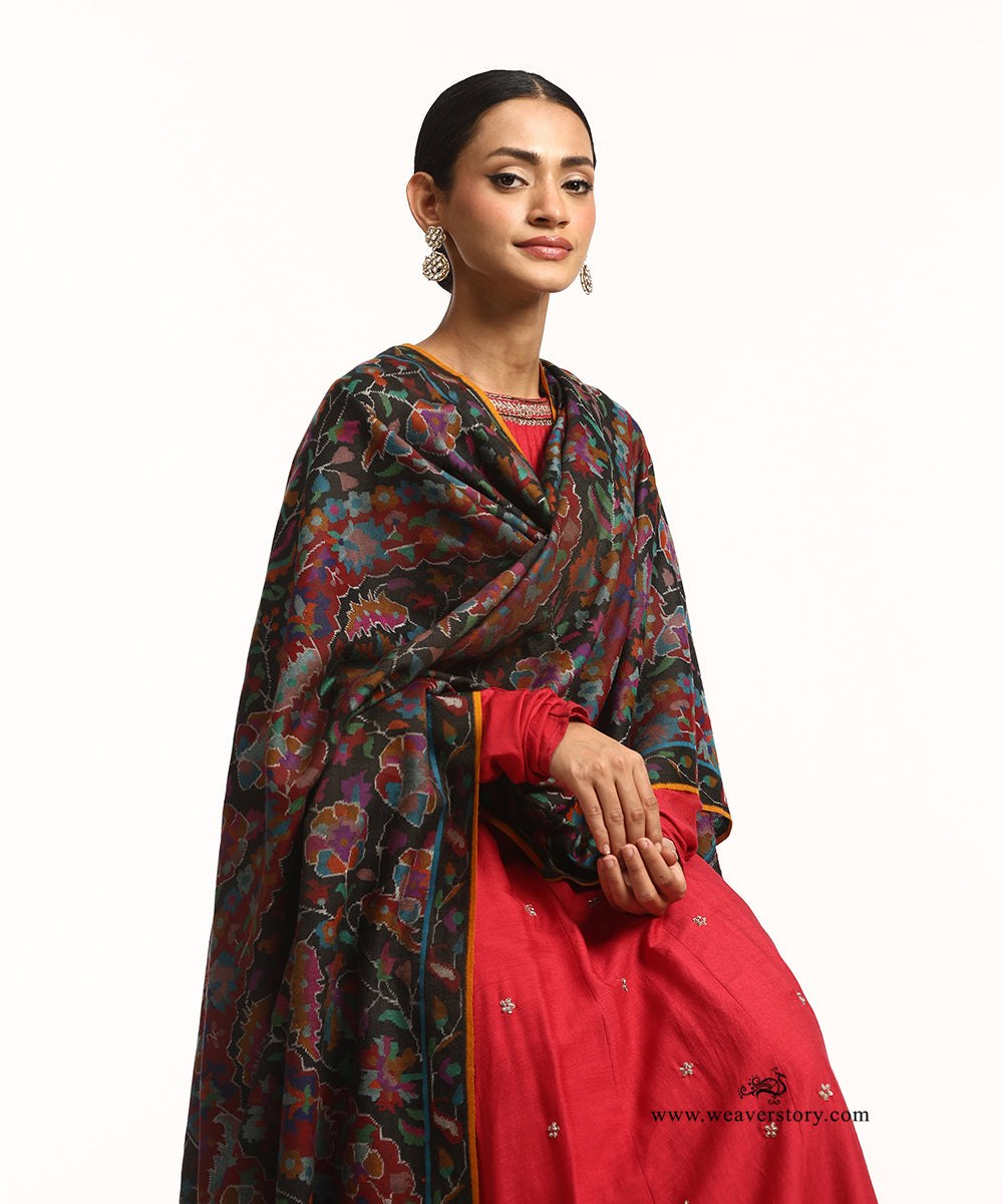 Black Handwoven Pure Pashmina Shawl With Kani Weave