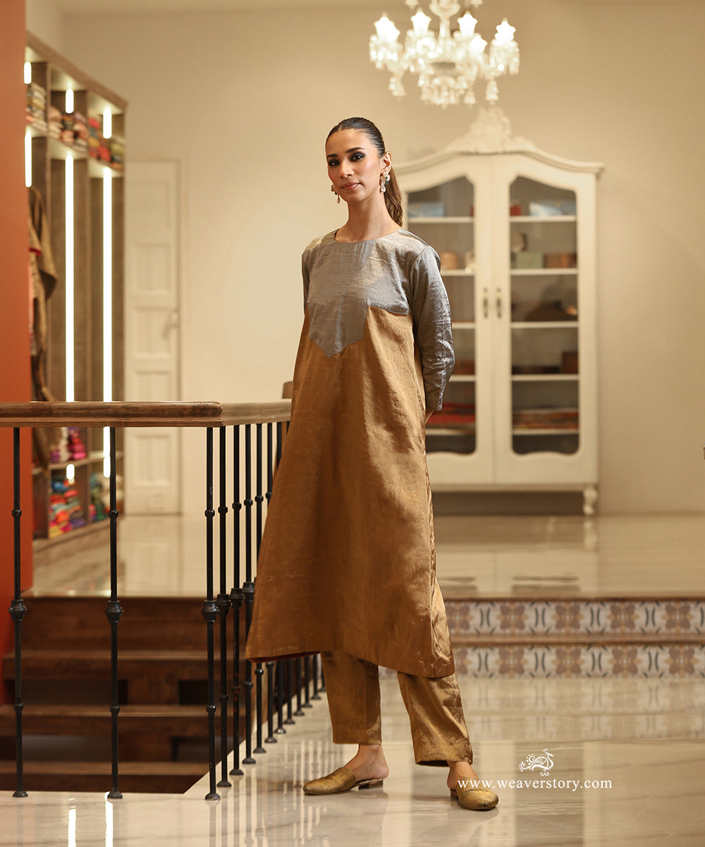 Handloom Gold and Silver Tissue Yoke Kurta with Pants