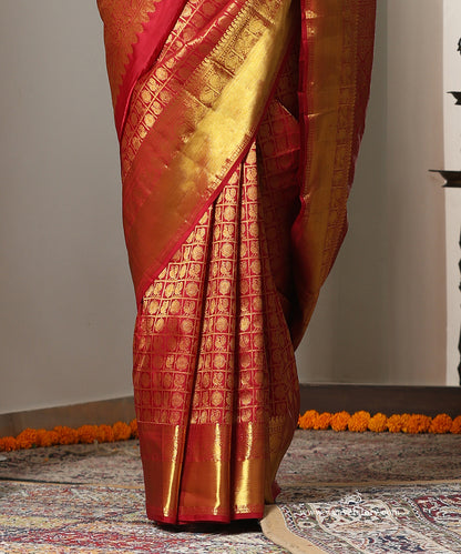 Maroon Handloom Pure Silk Kanjivaram Saree With Allover Checks Annapakshi And Rudraksh Motifs