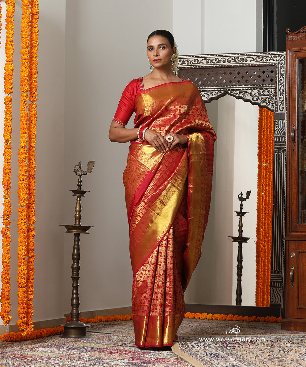 Maroon Handloom Pure Silk Kanjivaram Saree With Allover Checks Annapakshi And Rudraksh Motifs