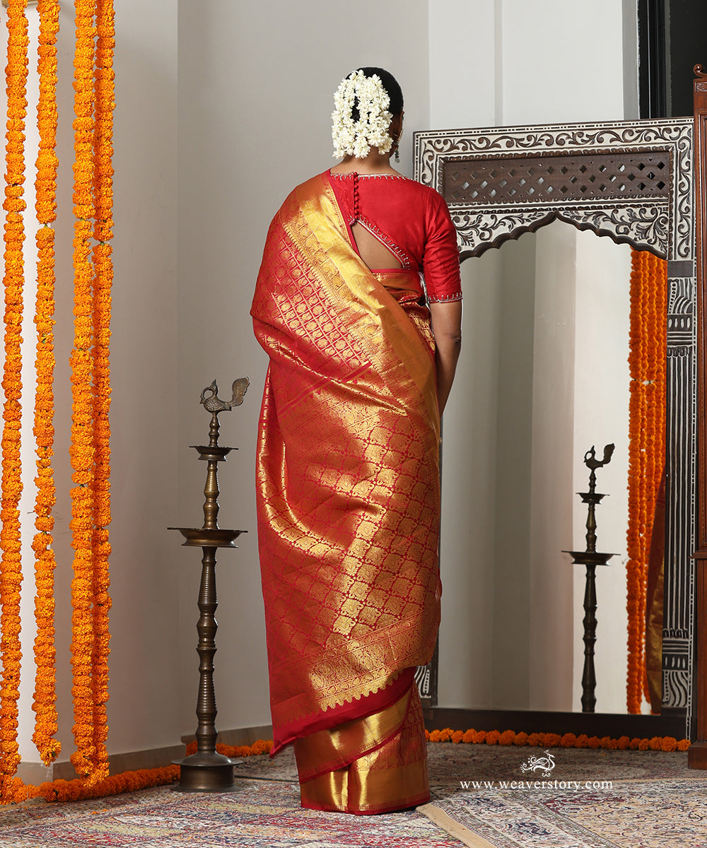 Maroon Handloom Pure Silk Kanjivaram Saree With Allover Checks Annapakshi And Rudraksh Motifs