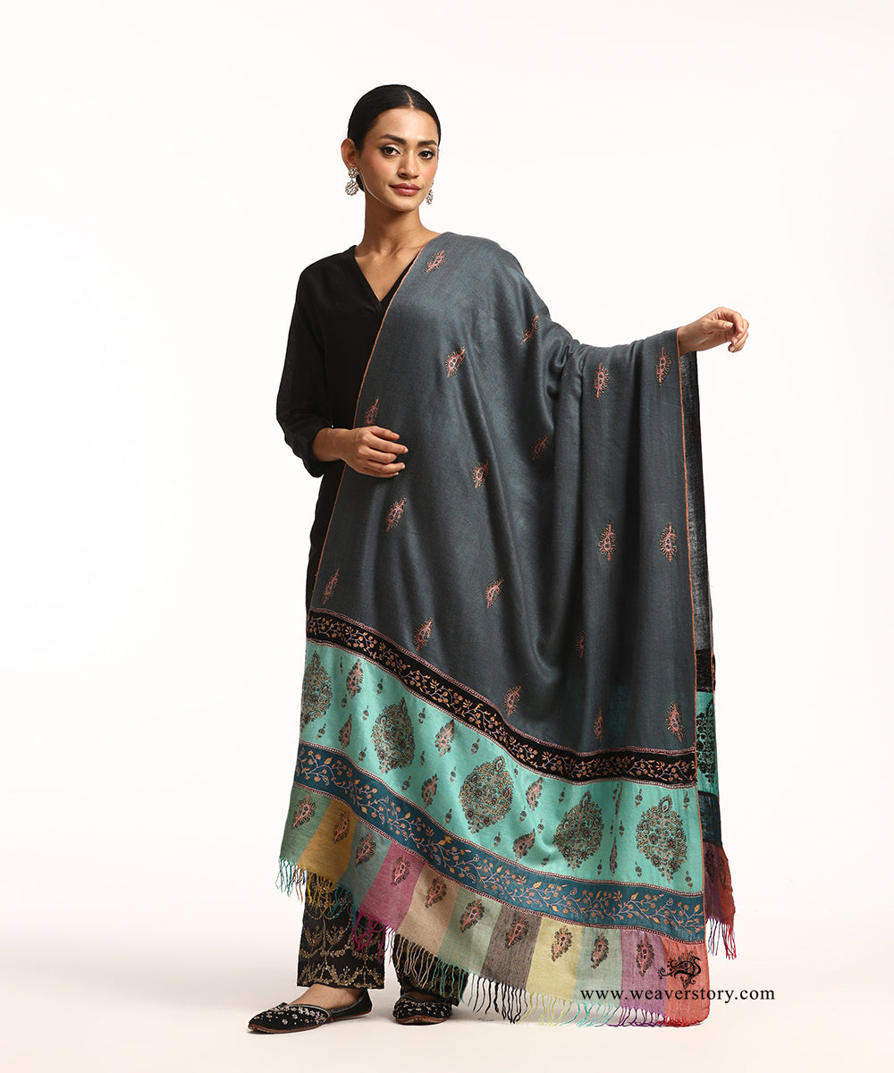 Pigeon Grey Pure Pashmina Shawl With Hand Embroidered Needle Work