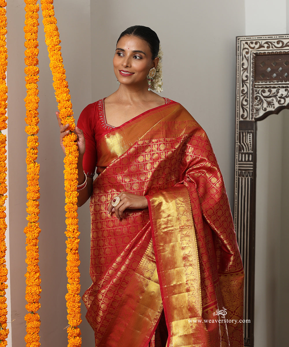 Maroon Handloom Pure Silk Kanjivaram Saree With Allover Checks Annapakshi And Rudraksh Motifs