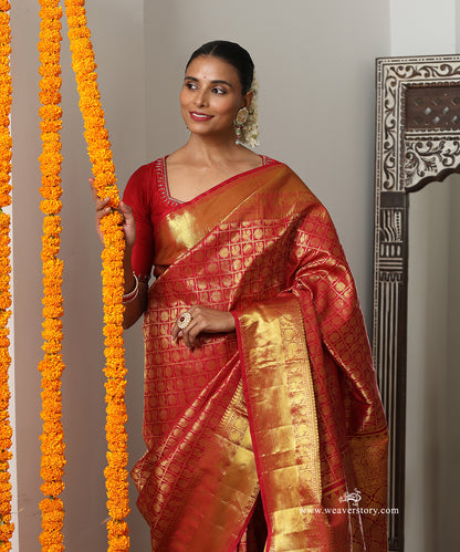 Maroon Handloom Pure Silk Kanjivaram Saree With Allover Checks Annapakshi And Rudraksh Motifs