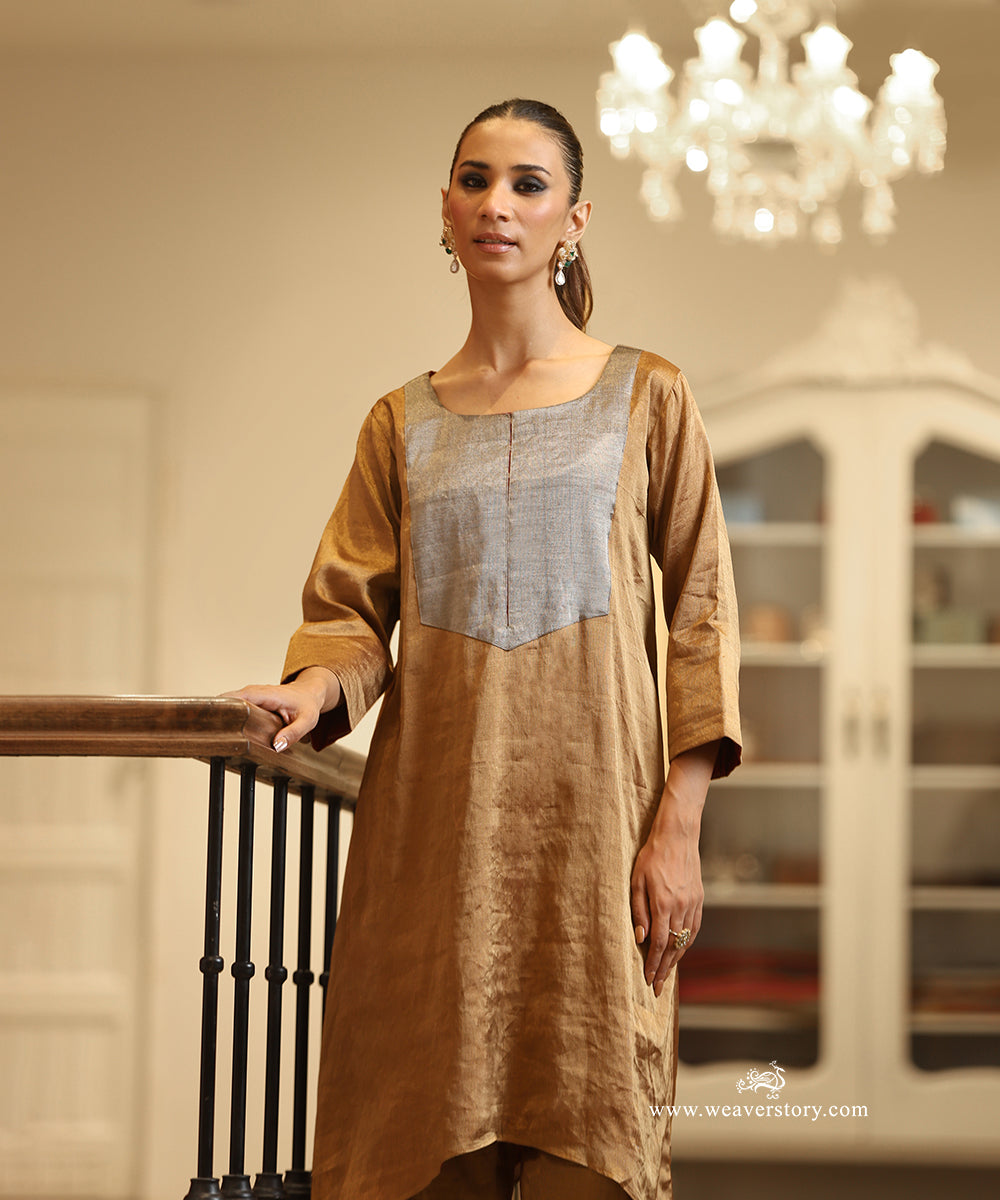Handloom Gold and Silver Tissue Round-Neck Kurta with Pants