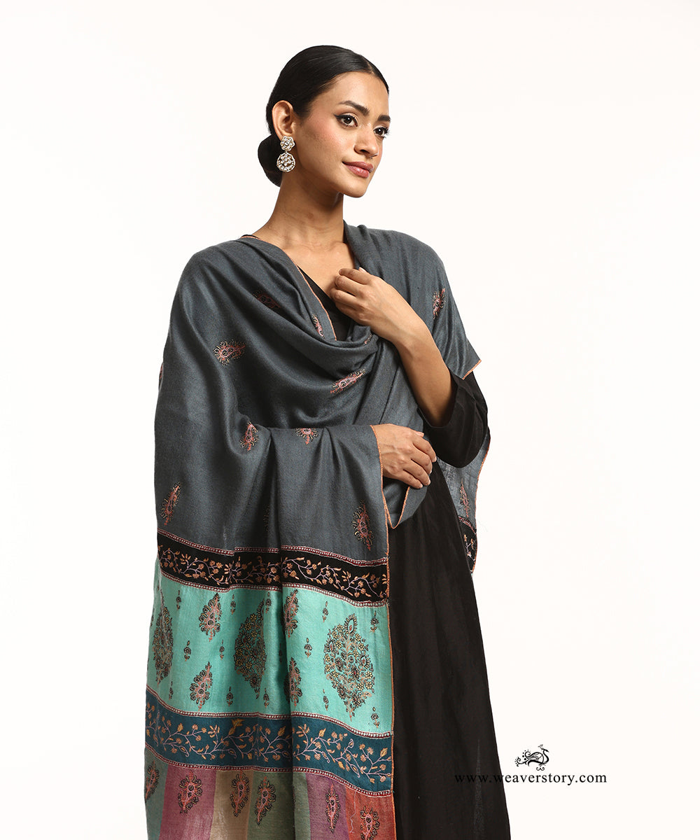 Pigeon Grey Pure Pashmina Shawl With Hand Embroidered Needle Work