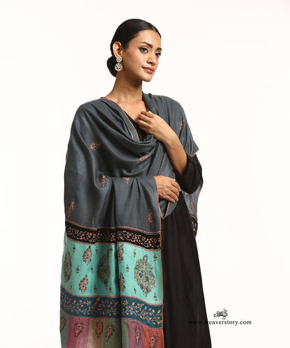 Pigeon Grey Pure Pashmina Shawl With Hand Embroidered Needle Work
