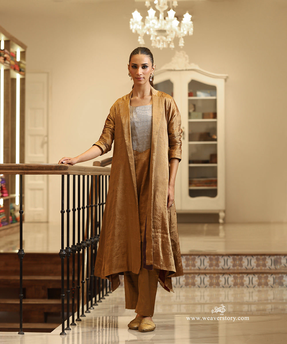Handloom Gold Tissue Notched Lapel Collar Jacket with Pants