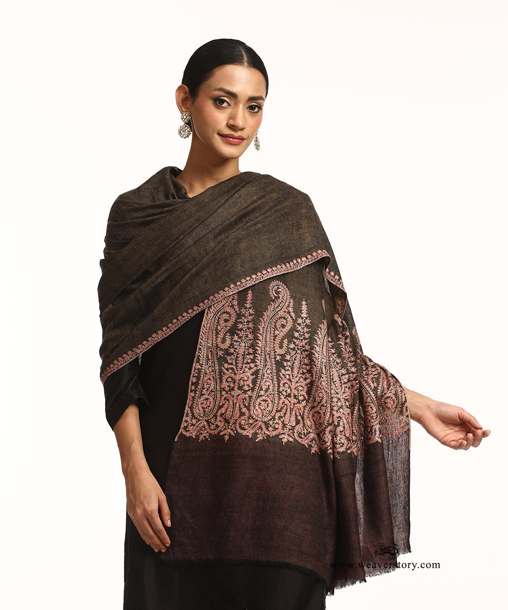 Black Handwoven Pure Pashmina Reversible Shawl With Sozni Kari Embroidery