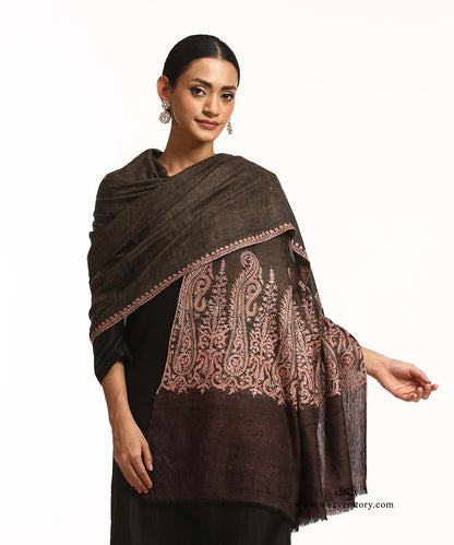 Black Handwoven Pure Pashmina Reversible Shawl With Sozni Kari Embroidery