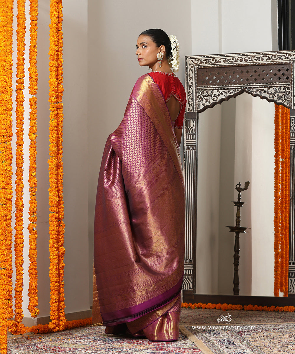 Royal Purple Handloom Pure Silk Kanjivaram Saree With Allover Booti Annapakshi And Elephant Motifs On Gold Zari Border