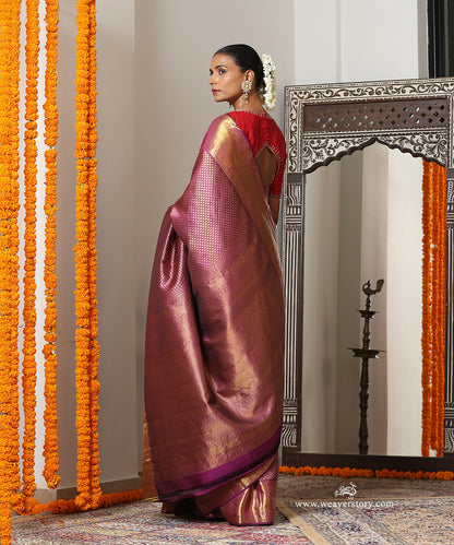 Royal Purple Handloom Pure Silk Kanjivaram Saree With Allover Booti Annapakshi And Elephant Motifs On Gold Zari Border