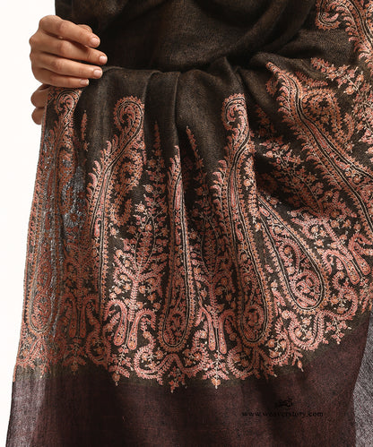 Black Handwoven Pure Pashmina Reversible Shawl With Sozni Kari Embroidery