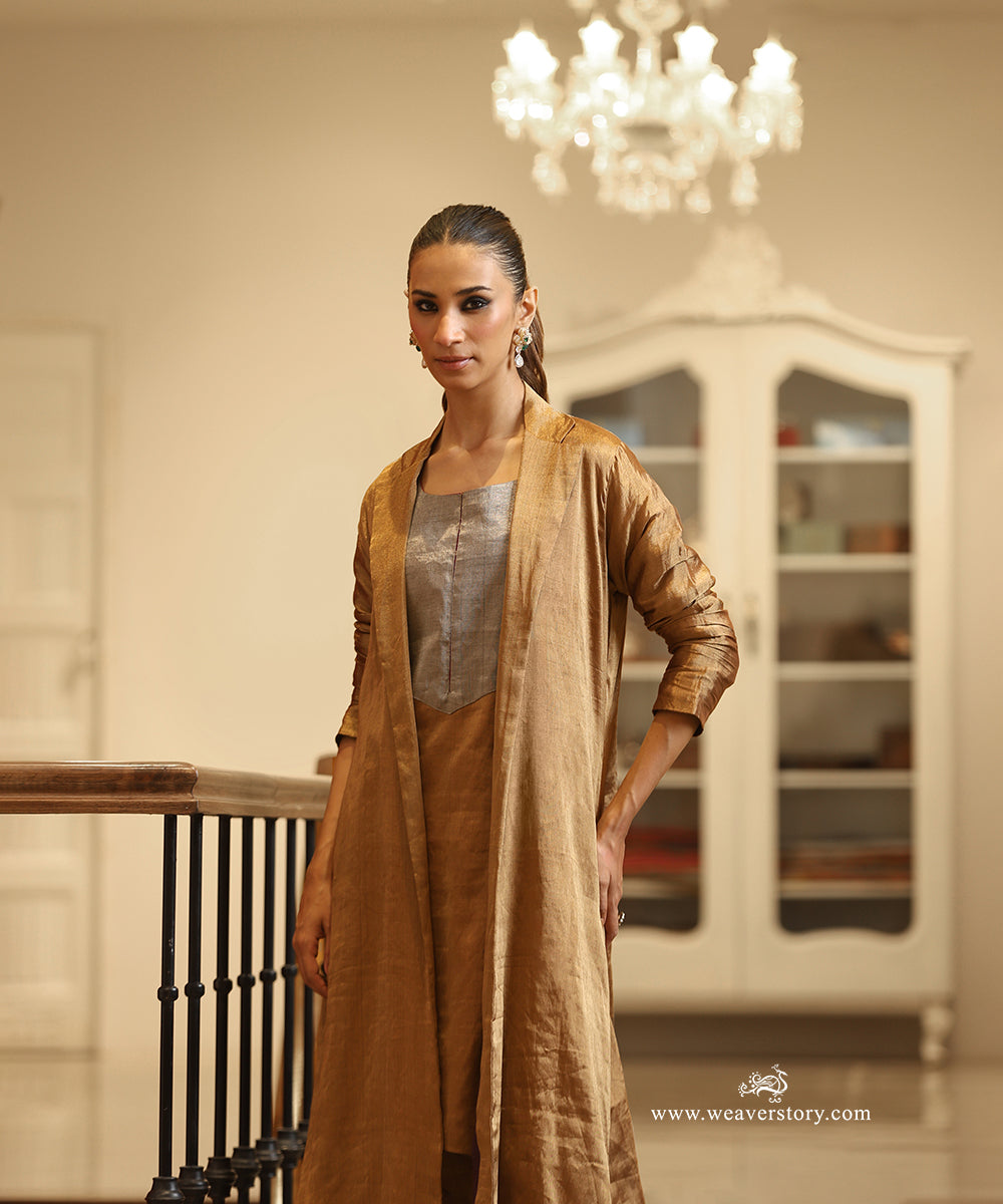 Handloom Gold Tissue Notched Lapel Collar Jacket with Pants