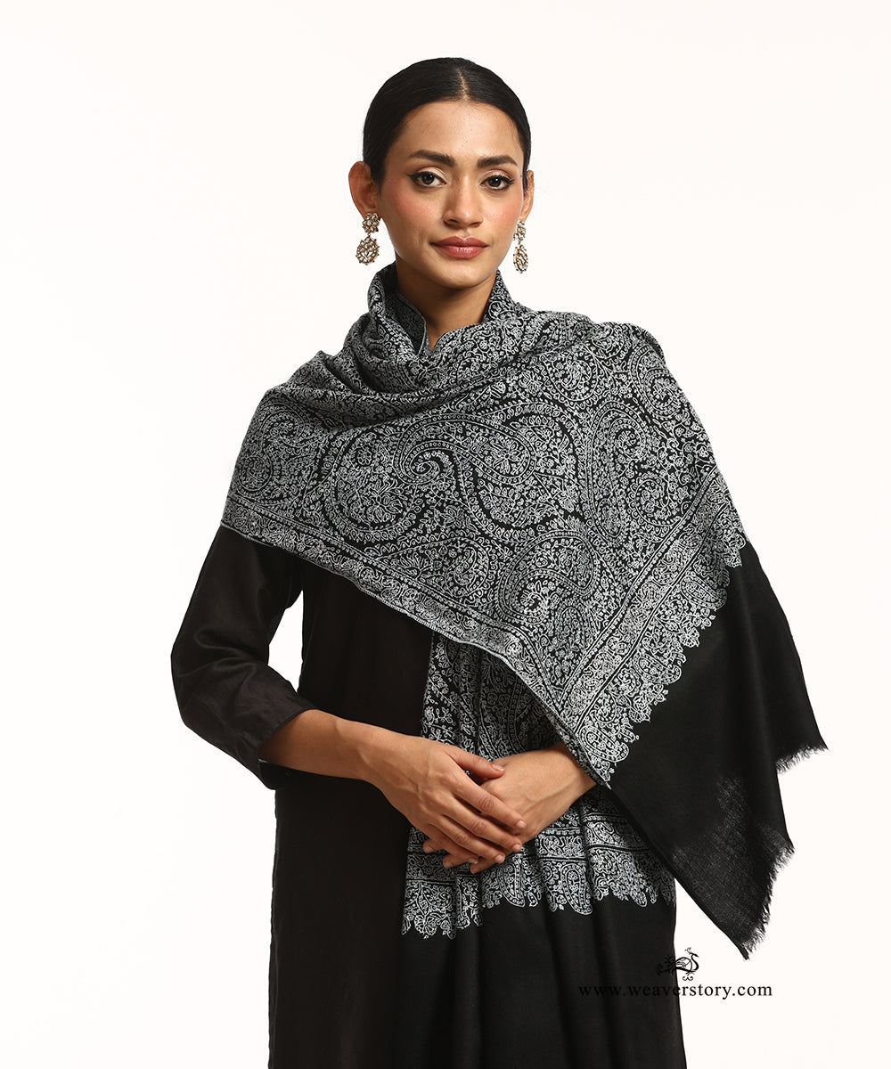 Black And White Pure Pashmina Shawl With Sozinikari Needle Work
