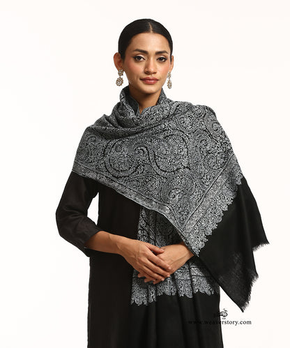 Black And White Pure Pashmina Shawl With Sozinikari Needle Work