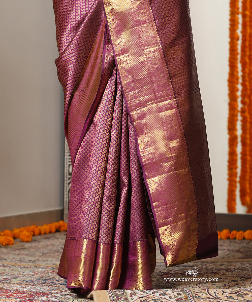 Royal Purple Handloom Pure Silk Kanjivaram Saree With Allover Booti Annapakshi And Elephant Motifs On Gold Zari Border