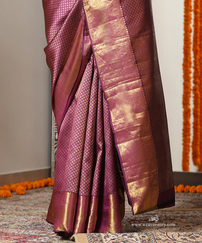 Royal Purple Handloom Pure Silk Kanjivaram Saree With Allover Booti Annapakshi And Elephant Motifs On Gold Zari Border