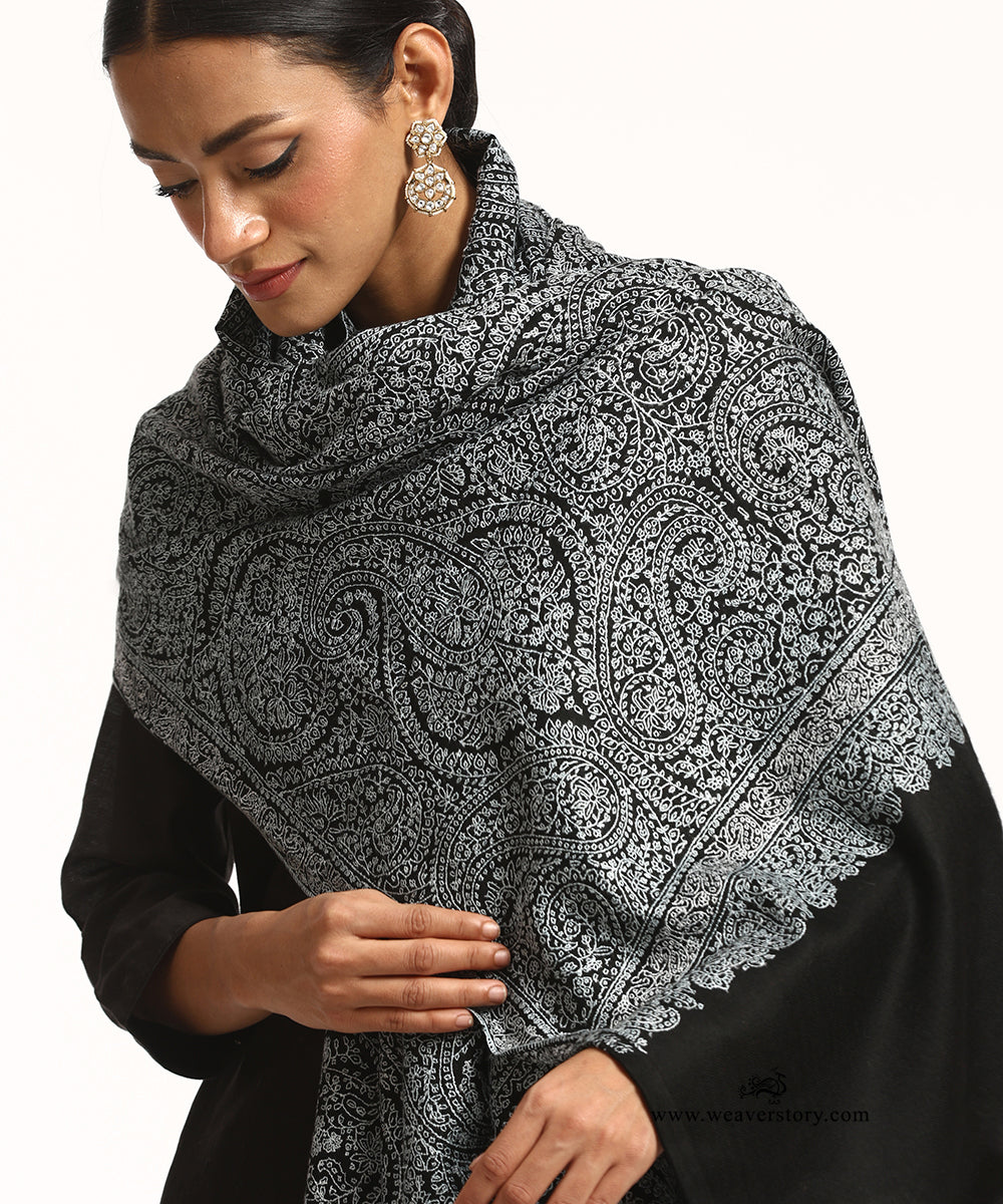 Black And White Pure Pashmina Shawl With Sozinikari Needle Work