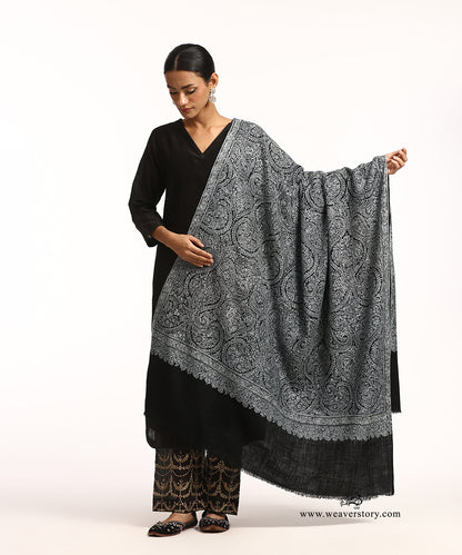 Black And White Pure Pashmina Shawl With Sozinikari Needle Work