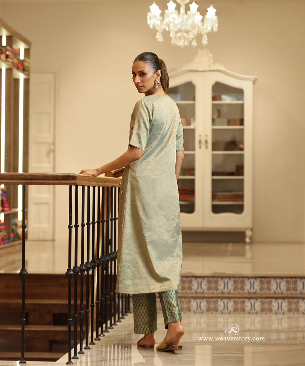 Handloom Green Tissue Angrakha Kurta with Pure Silk Brocade Pants