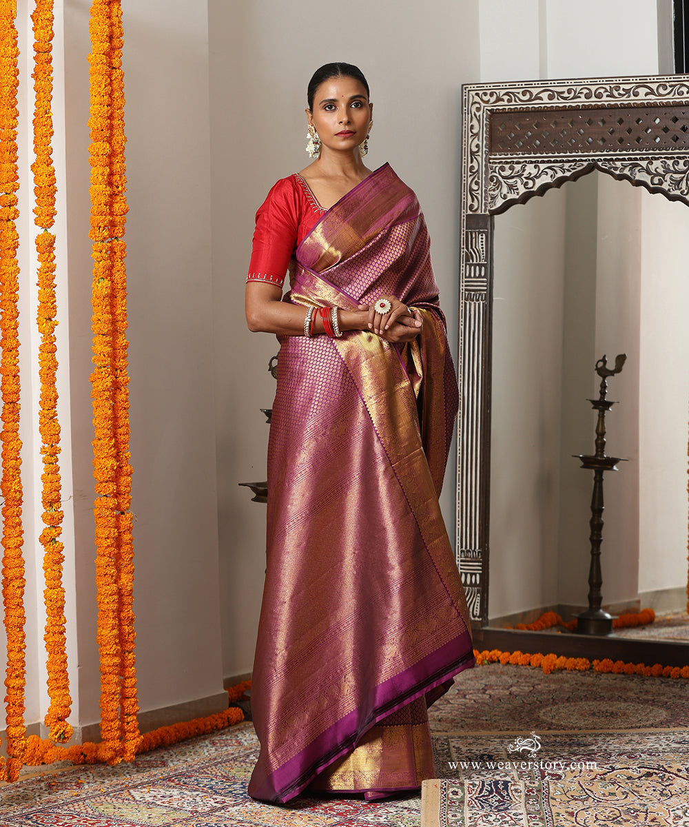 Royal Purple Handloom Pure Silk Kanjivaram Saree With Allover Booti Annapakshi And Elephant Motifs On Gold Zari Border