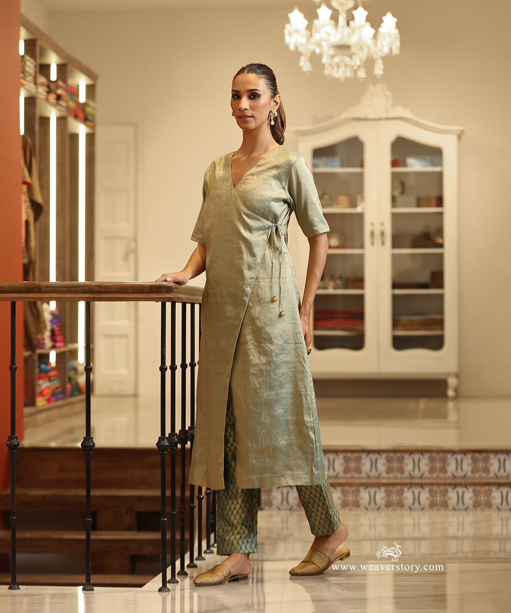 Handloom Green Tissue Angrakha Kurta with Pure Silk Brocade Pants