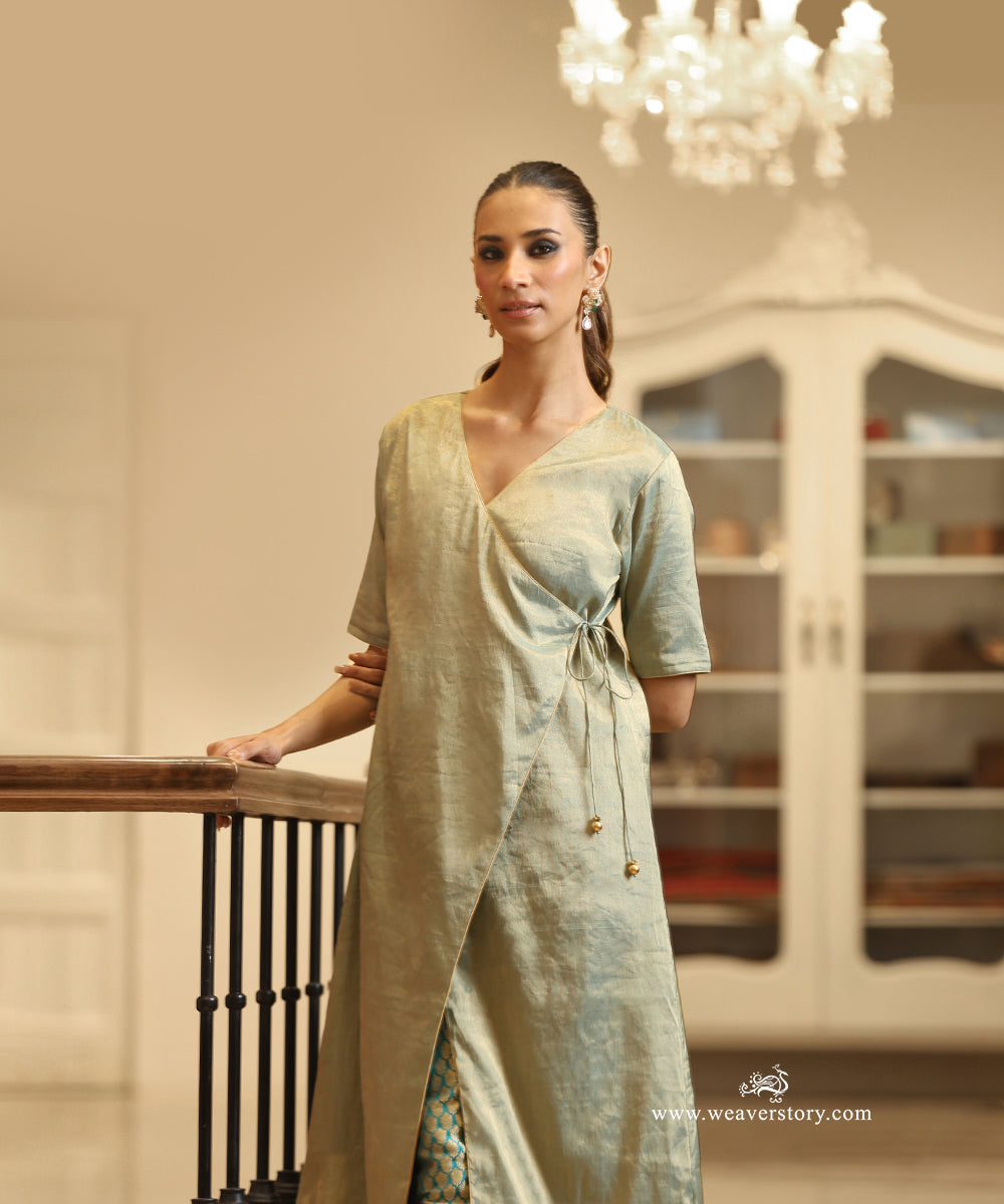 Handloom Green Tissue Angrakha Kurta with Pure Silk Brocade Pants