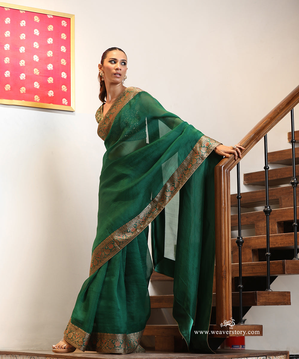 Emerald Green Handwoven Pure Organza Saree with Antique Zari Katan Silk Border and Paisleys
