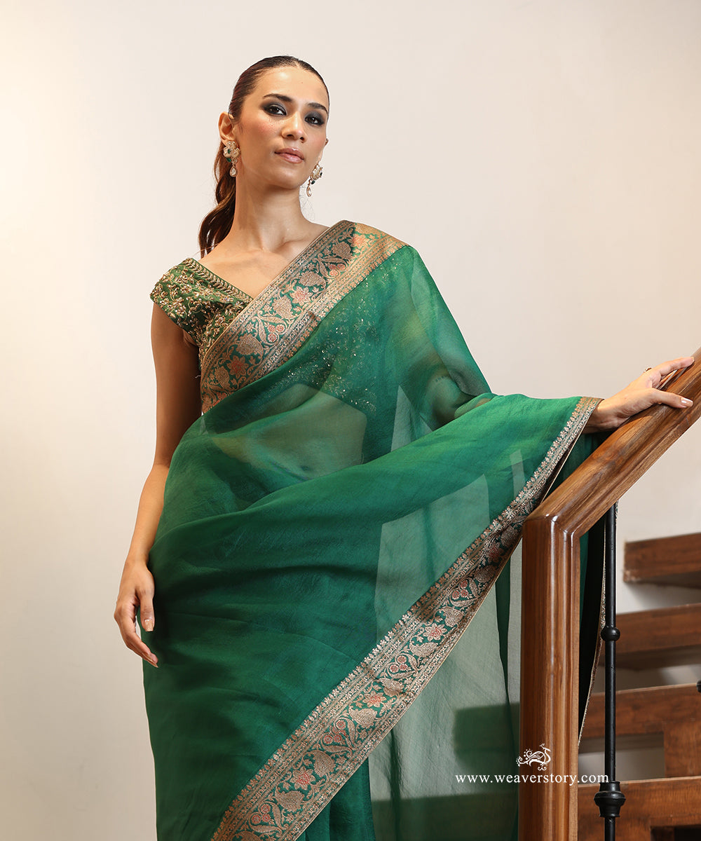 Emerald Green Handwoven Pure Organza Saree with Antique Zari Katan Silk Border and Paisleys