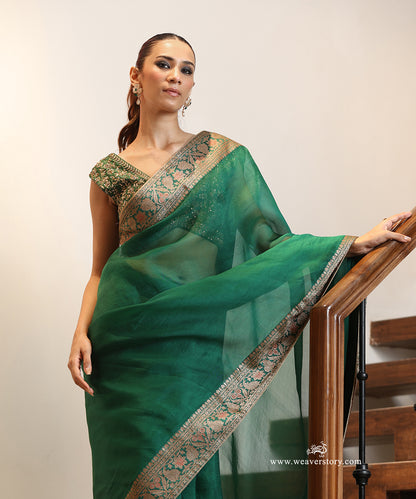 Emerald Green Handwoven Pure Organza Saree with Antique Zari Katan Silk Border and Paisleys