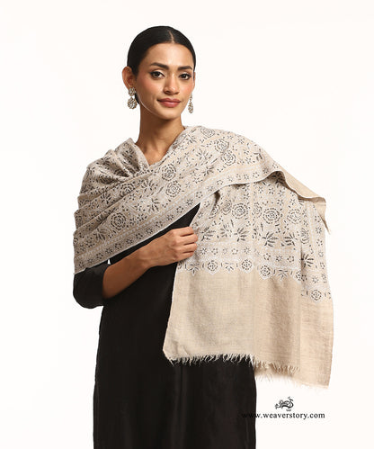 Beige Handwoven Pure Pashmina Stole With Hand Embroidery