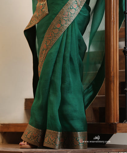 Emerald Green Handwoven Pure Organza Saree with Antique Zari Katan Silk Border and Paisleys