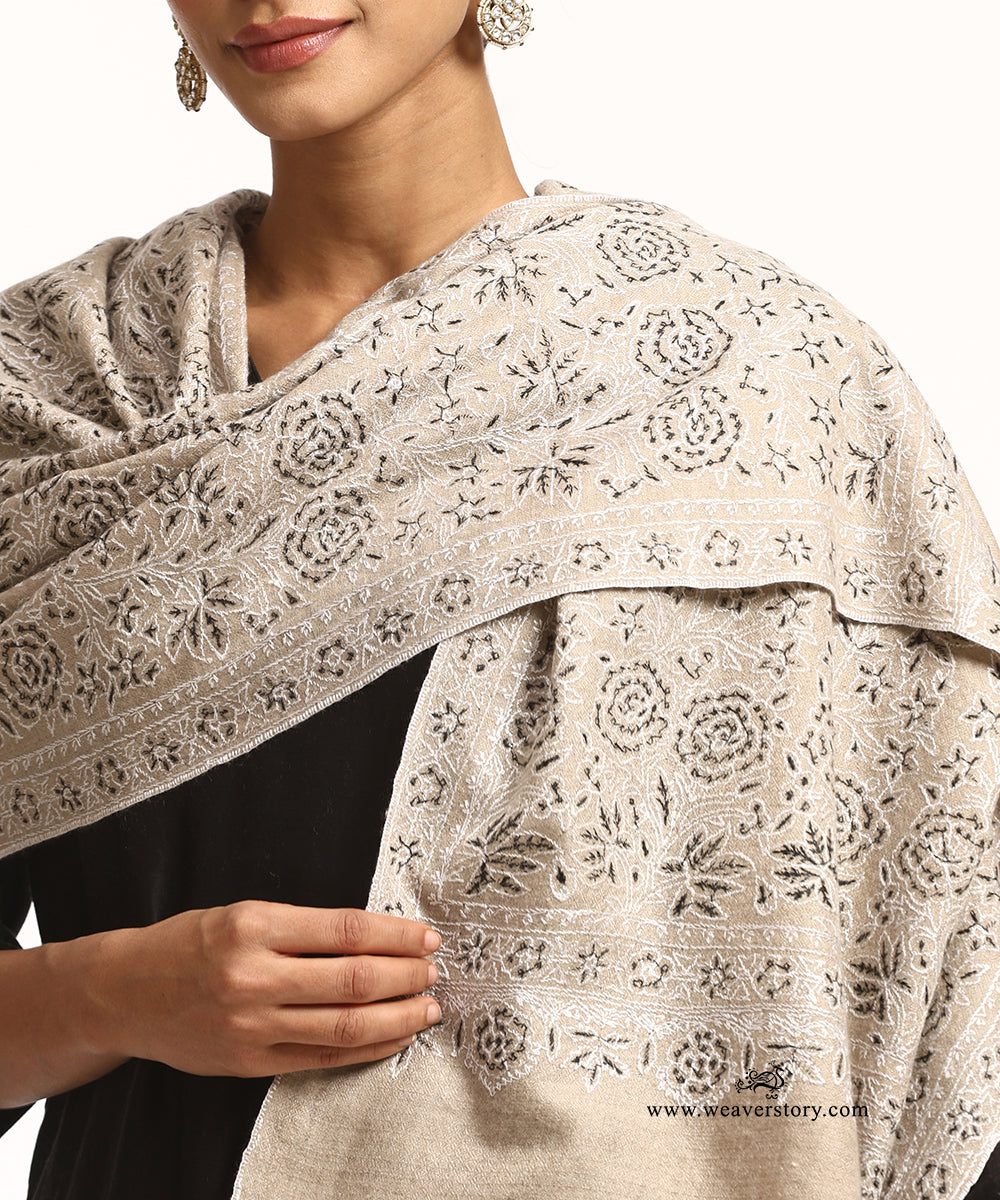 Beige Handwoven Pure Pashmina Stole With Hand Embroidery