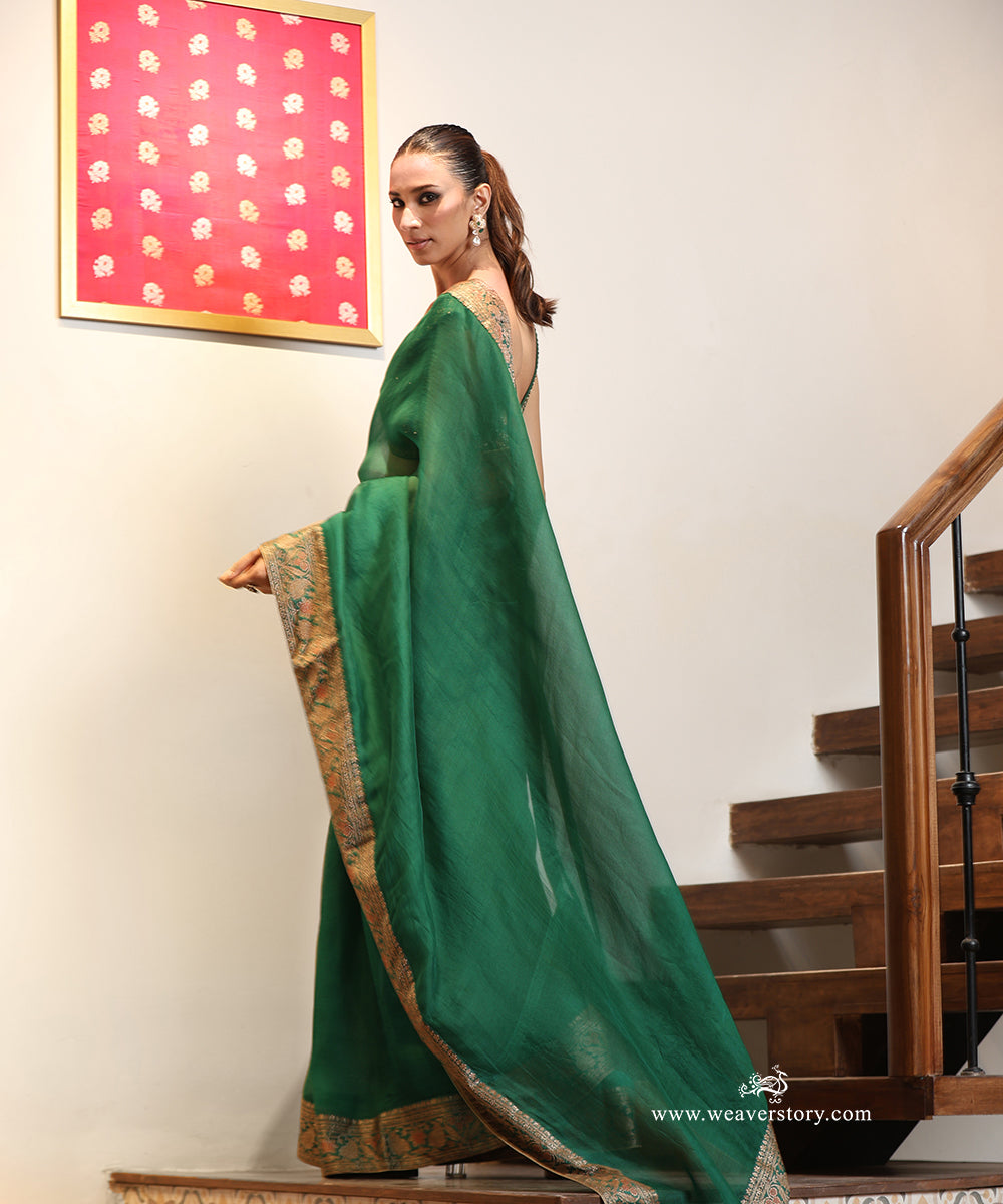 Emerald Green Handwoven Pure Organza Saree with Antique Zari Katan Silk Border and Paisleys