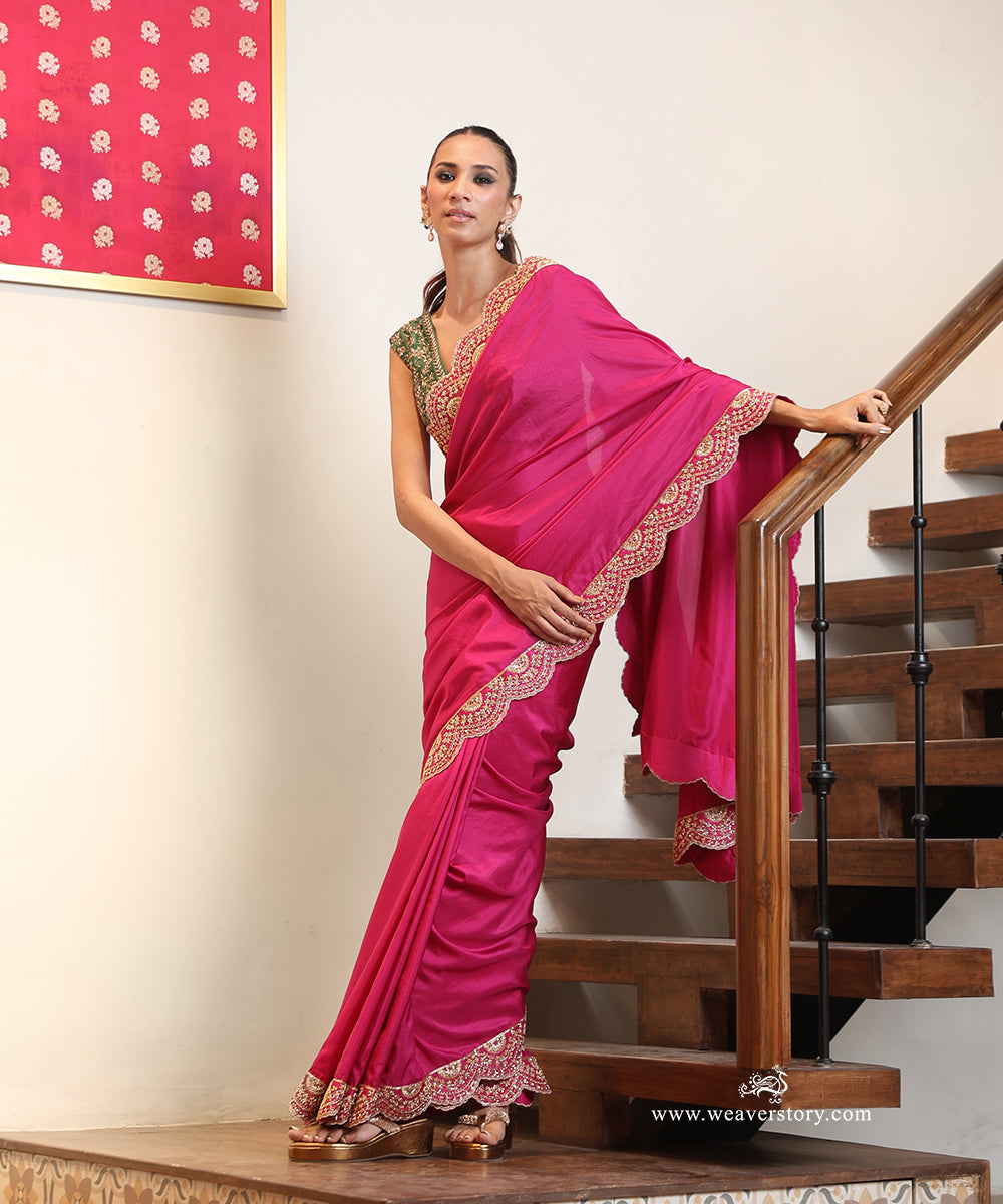 Magenta Pure Mulberry Silk Saree with Hand-Embroidered Zardozi Scalloped Border