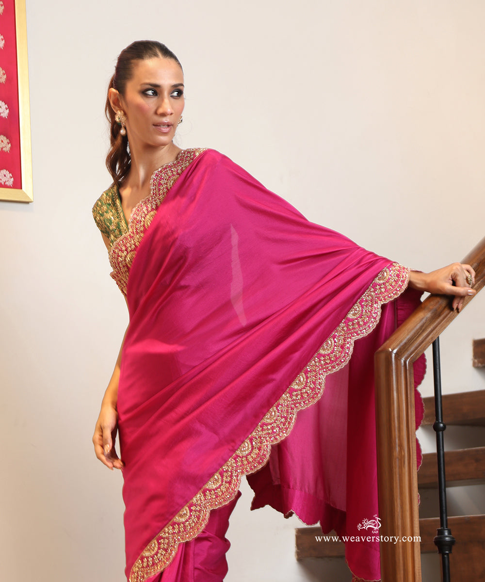 Magenta Pure Mulberry Silk Saree with Hand-Embroidered Zardozi Scalloped Border