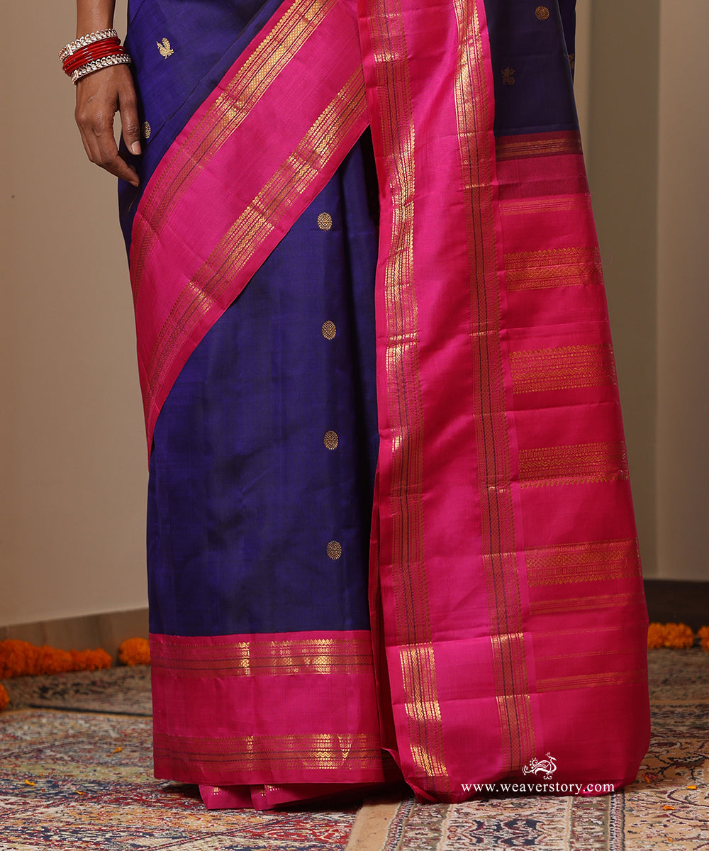 Royal Blue Handloom Pure Silk Kanjivaram Saree With Annapakshi Motifs And Pink Border