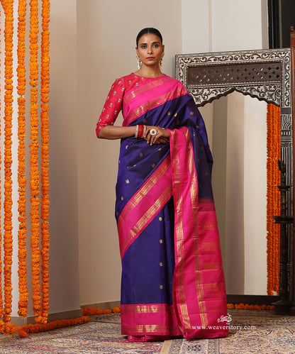 Royal Blue Handloom Pure Silk Kanjivaram Saree With Annapakshi Motifs And Pink Border