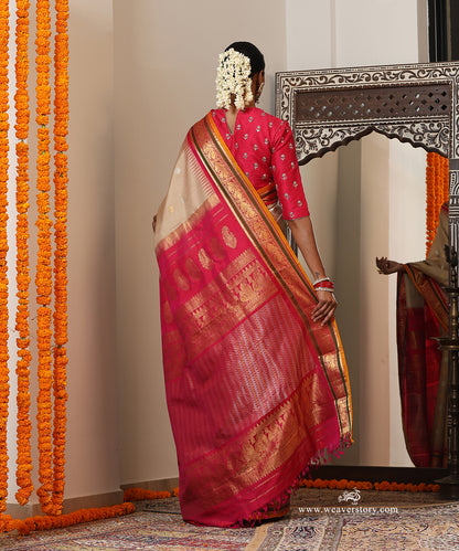 Beige Handloom Pure Silk Gadhwal Saree With Pink Border And Pallu